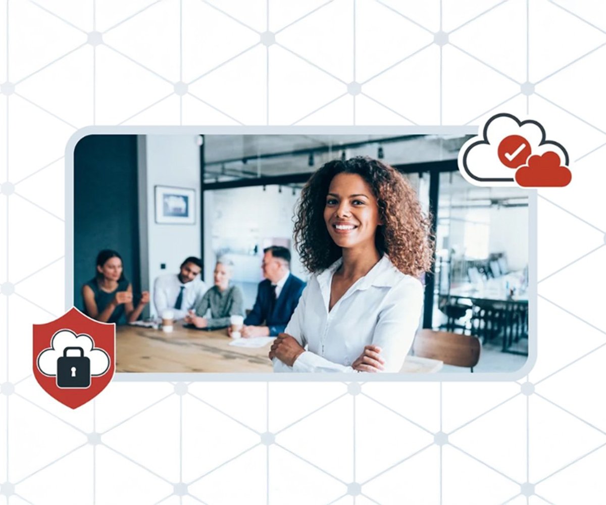 Person standing in office meeting space, with security and cloud icons
