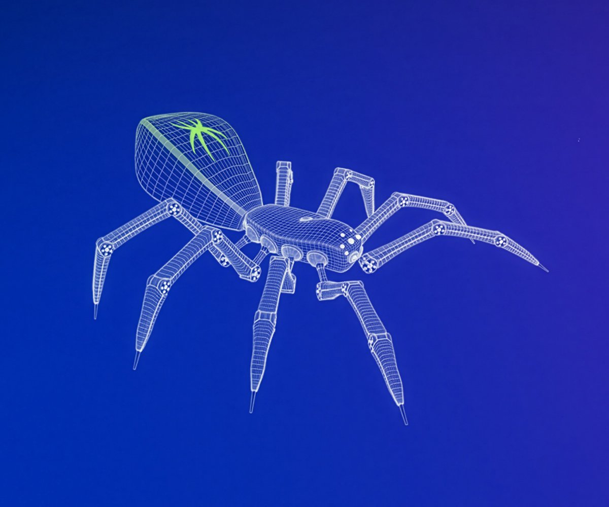 Wireframe-style robotic spider on a blue background with a small highlighted bug icon on its back