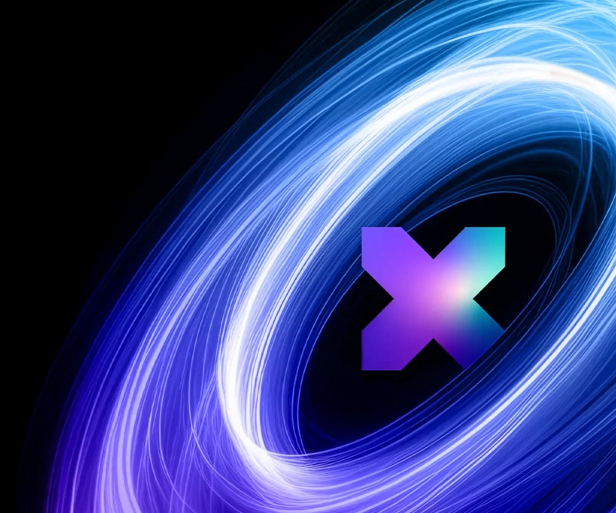 Abstract swirling blue and purple light vortex with a gradient X symbol at the center