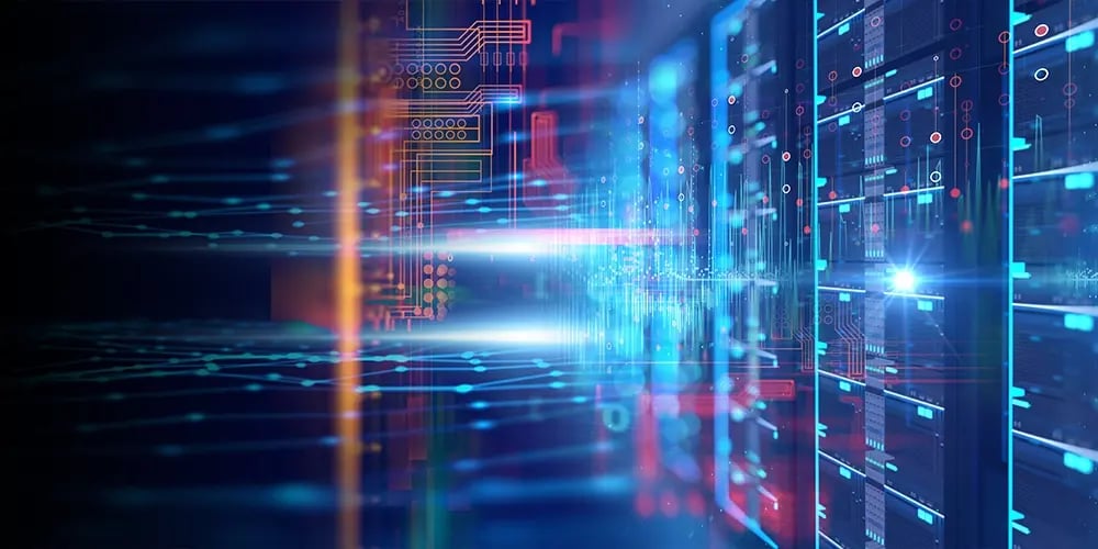 Abstract view of a data center with glowing blue and red server racks and digital circuit patterns, symbolizing hyperconverged infrastructure.