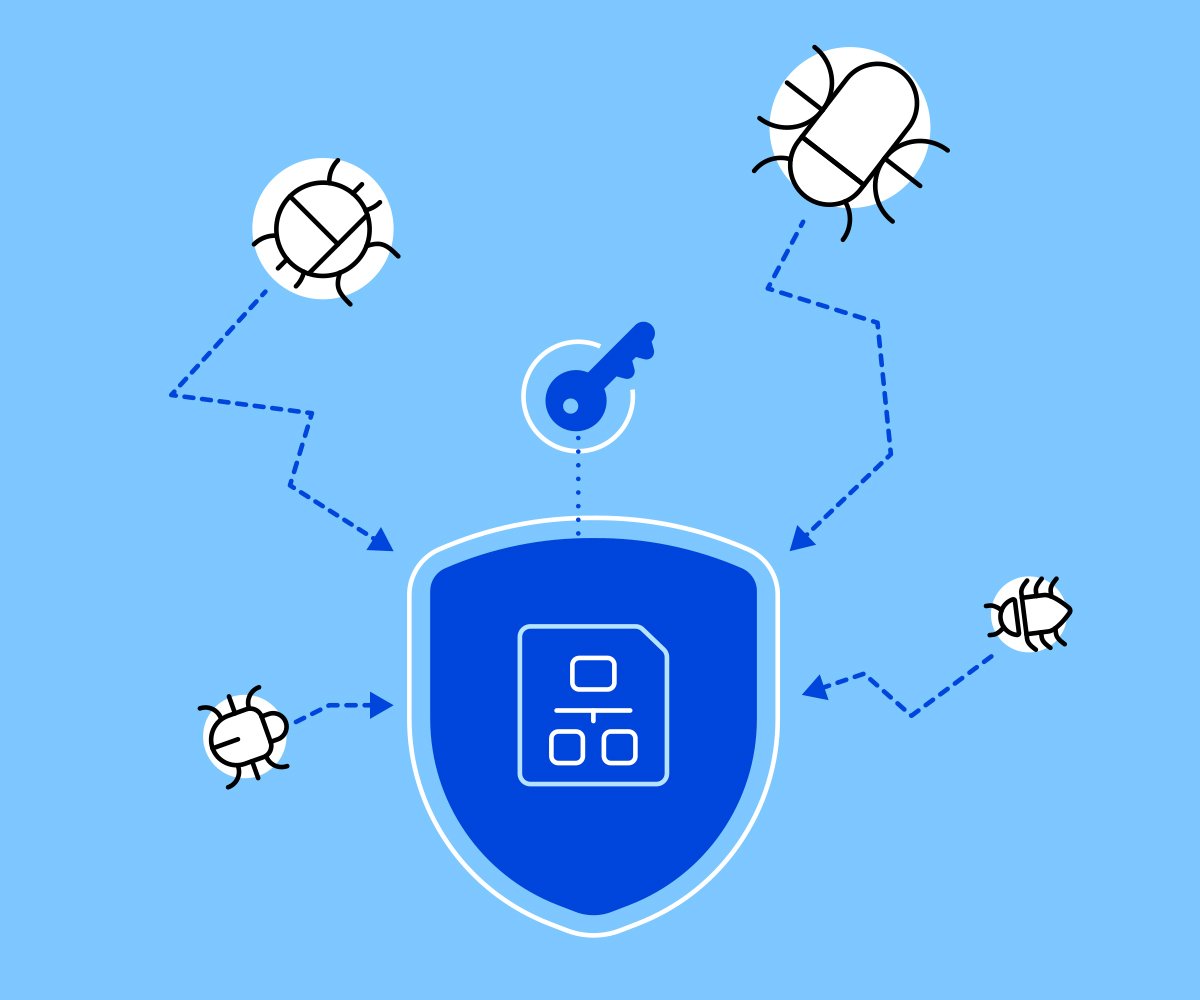 Blue shield with key icon blocking incoming bug icons, representing protection against cyber threats