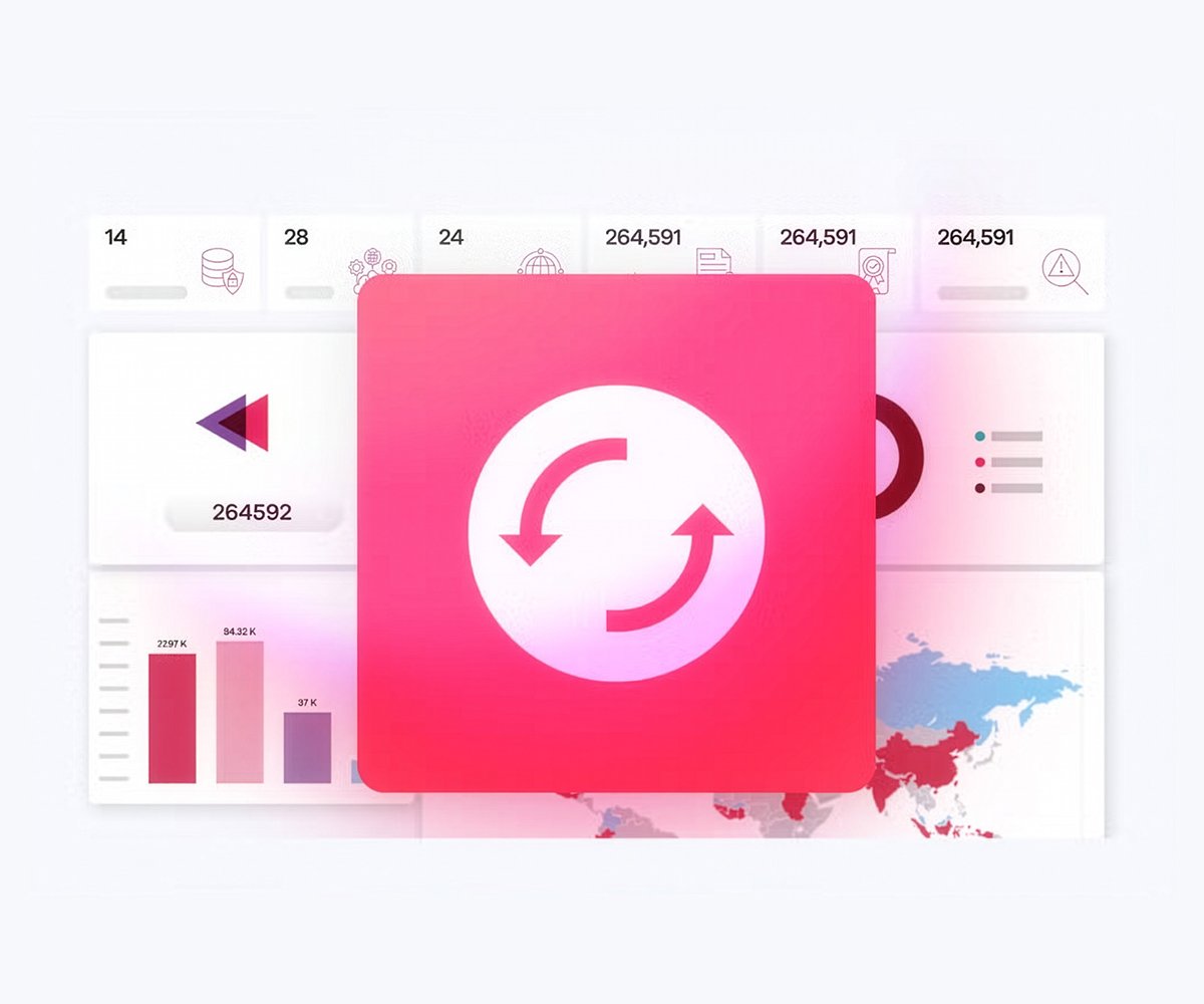 Pink refresh icon with circular arrows over a blurred analytics dashboard background