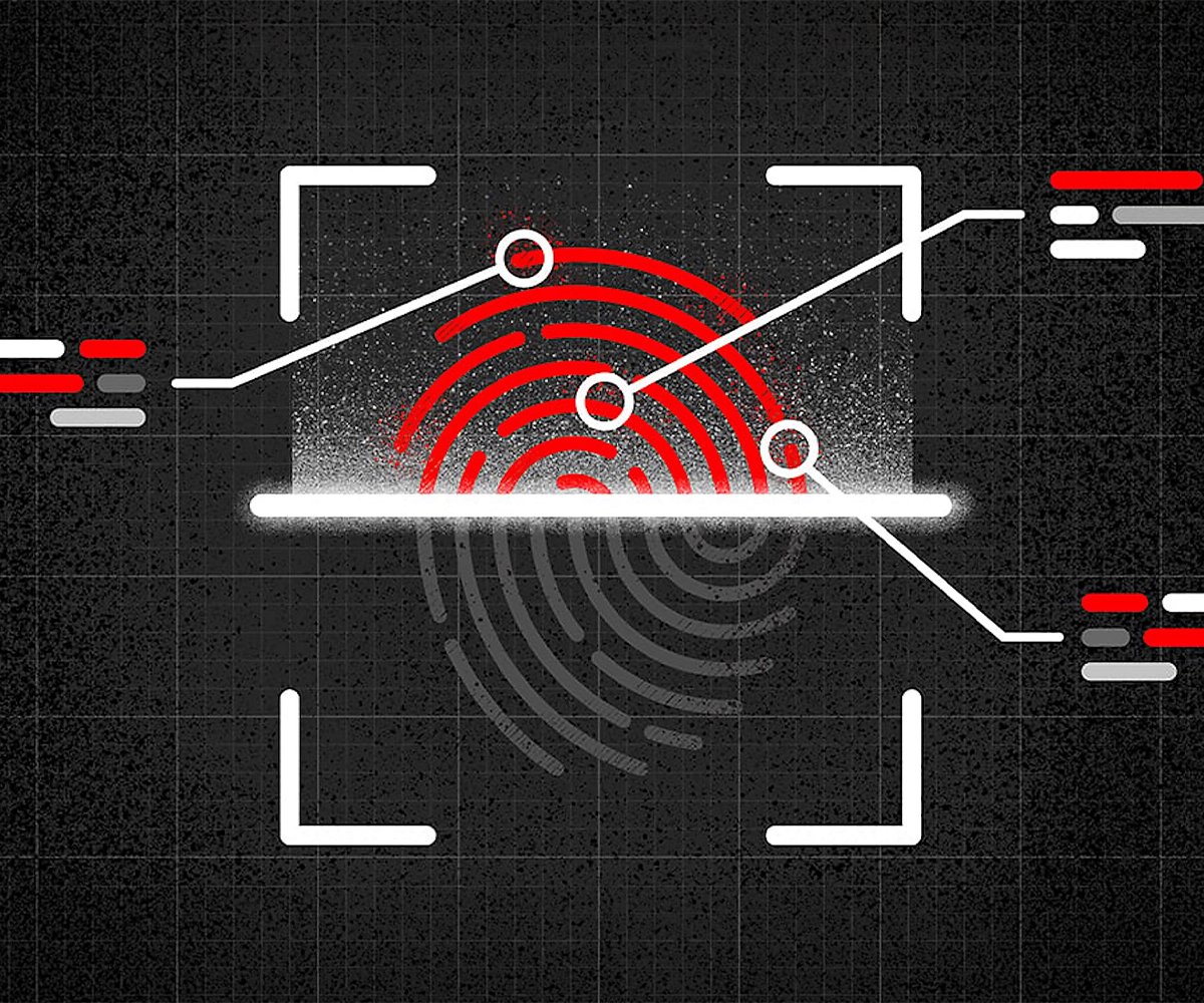 Abstract fingerprint scan graphic with red and white lines on a dark textured background