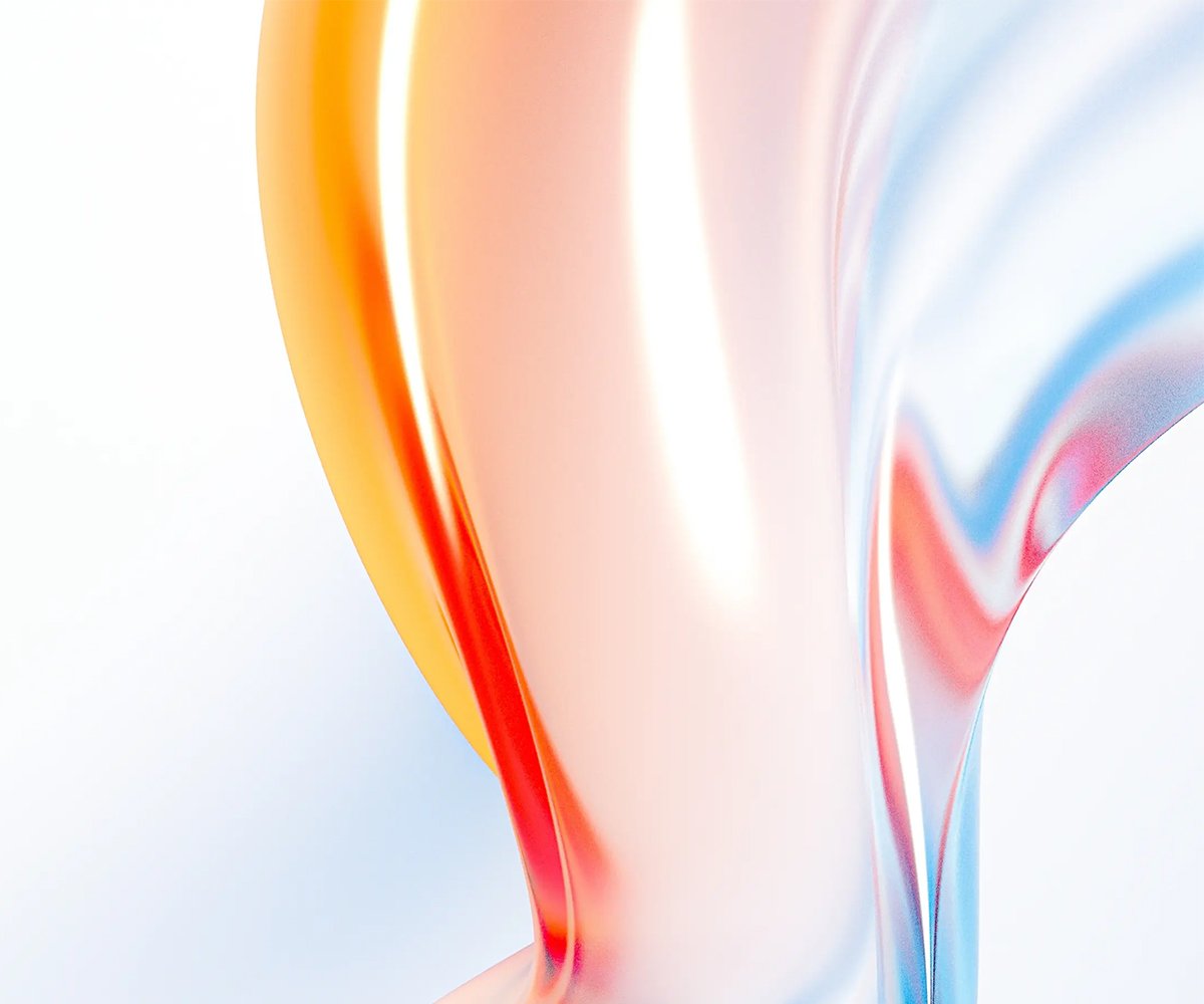 Abstract fluid shapes in soft red, orange, and blue tones with a glossy gradient on a light background