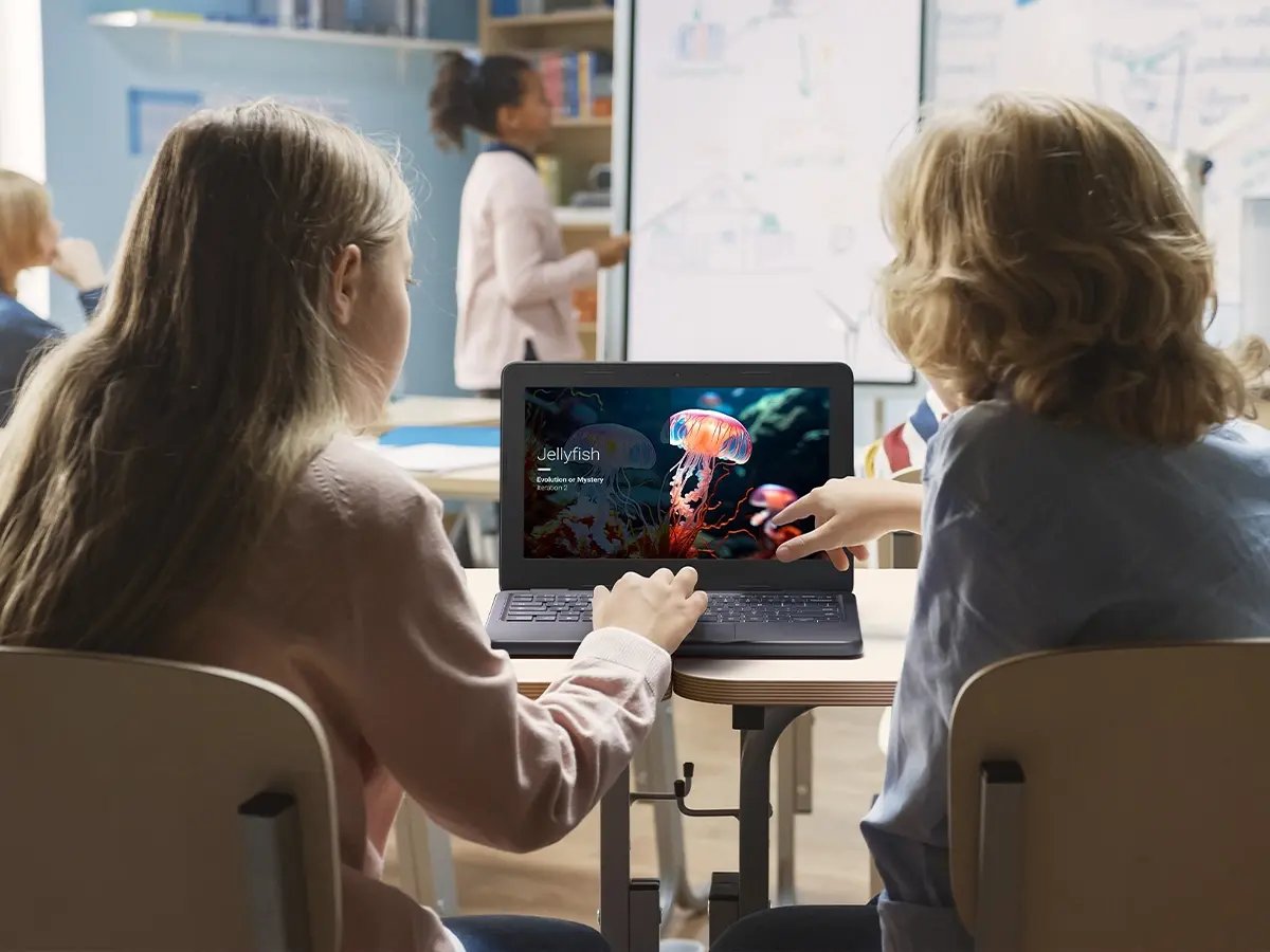 Two students in a classroom sharing a Chromebook displaying an image of a jellyfish on the screen.