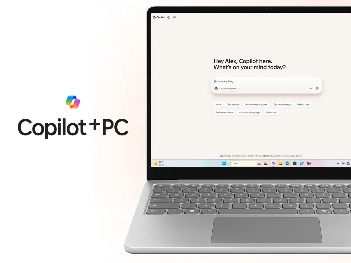 Laptop displaying Microsoft Copilot interface with search and productivity options, alongside Copilot+ PC branding.