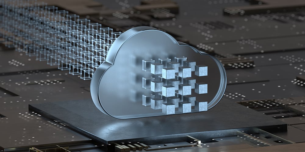 3D cloud icon with cubes representing cloud data storage on a circuit board.