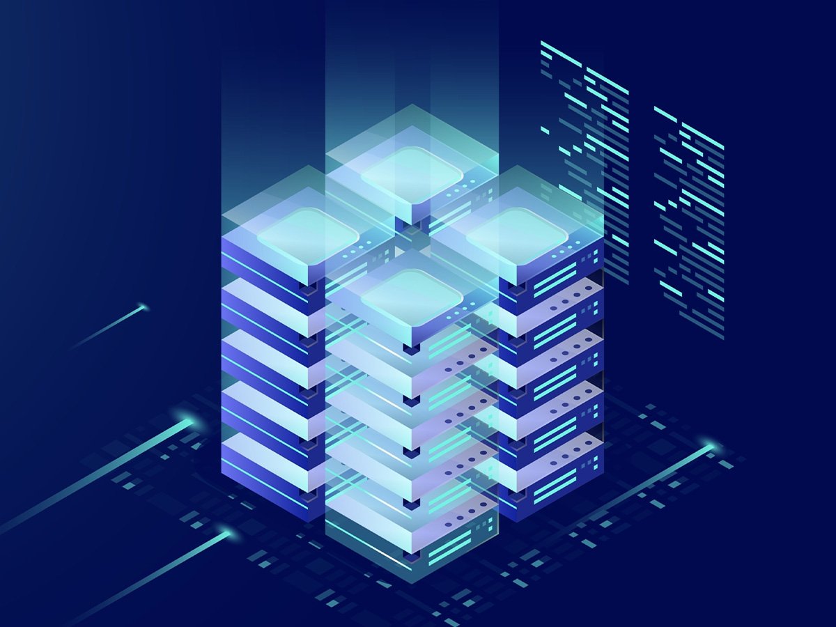 Futuristic stack of servers with glowing elements representing data processing.