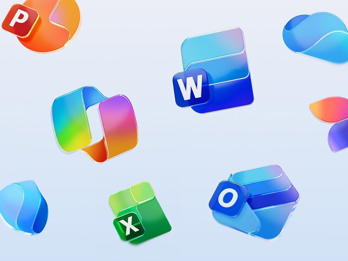 Colorful icons of Microsoft Office apps including Word, Excel, PowerPoint, and Outlook.