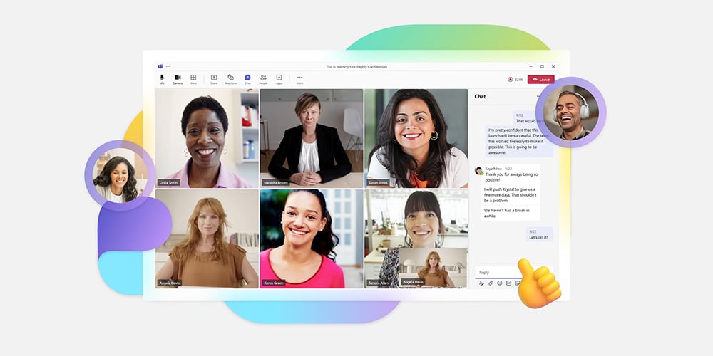 Online meeting interface with multiple participants and a chat panel on the right.