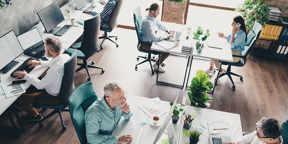 Open‑plan office with people working at desks, using computers and paperwork in a collaborative environment.