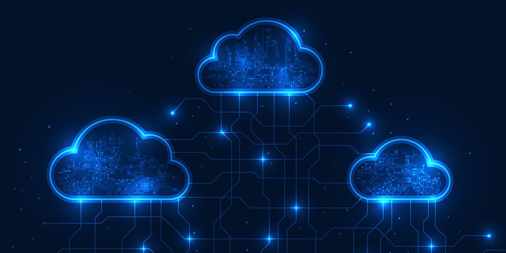 Three glowing cloud icons linked by digital lines against a dark background, representing a cloud network.