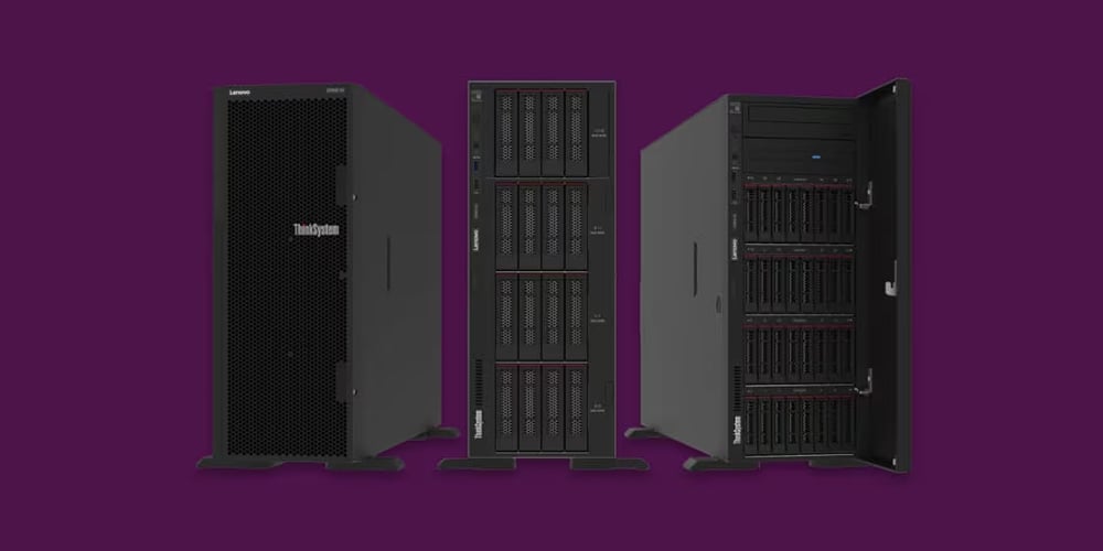Three Lenovo ThinkSystem servers displayed against a purple background.