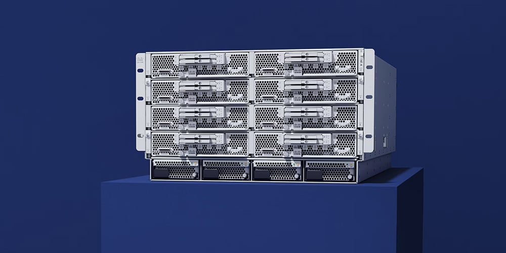 Cisco rack-mounted server hardware shown on a blue pedestal.