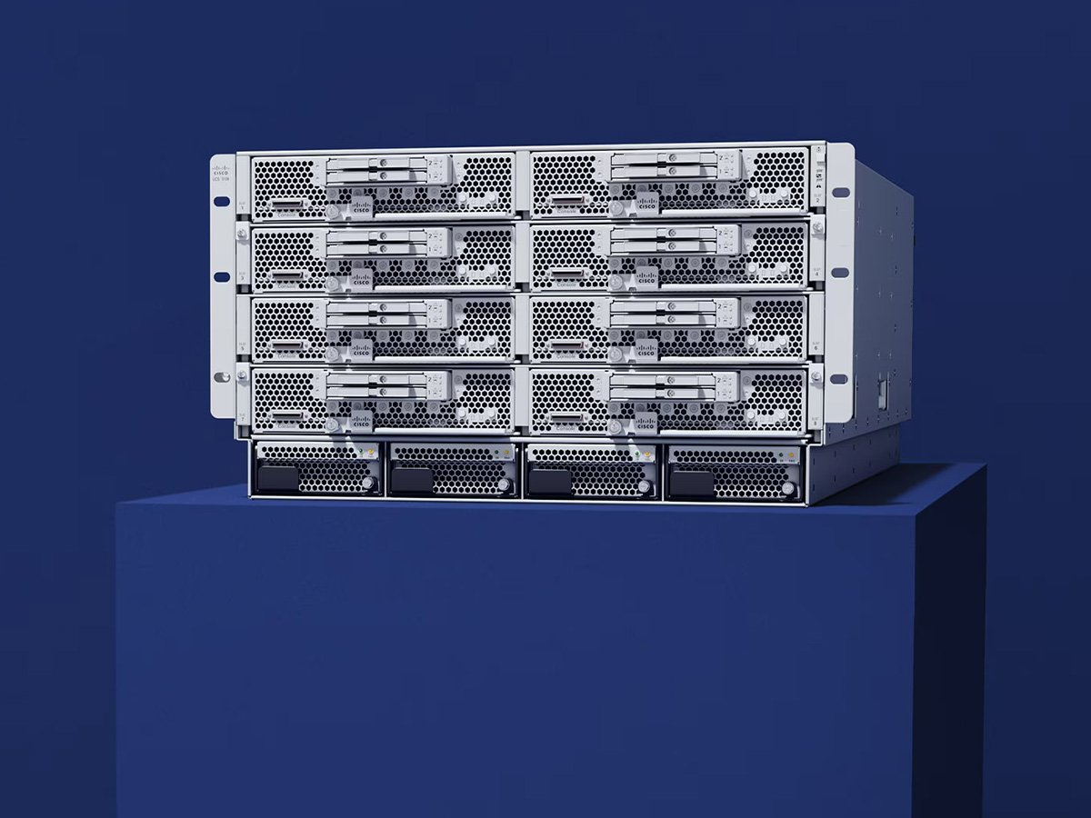 Cisco rack-mounted server hardware shown on a blue pedestal.