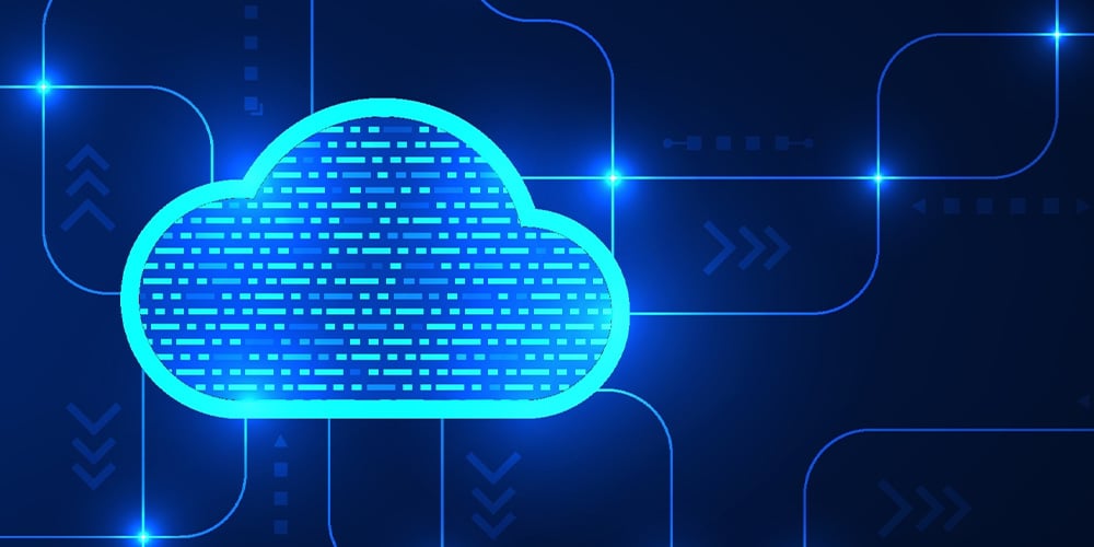 Digital illustration of a glowing blue cloud icon on a dark circuit background.
