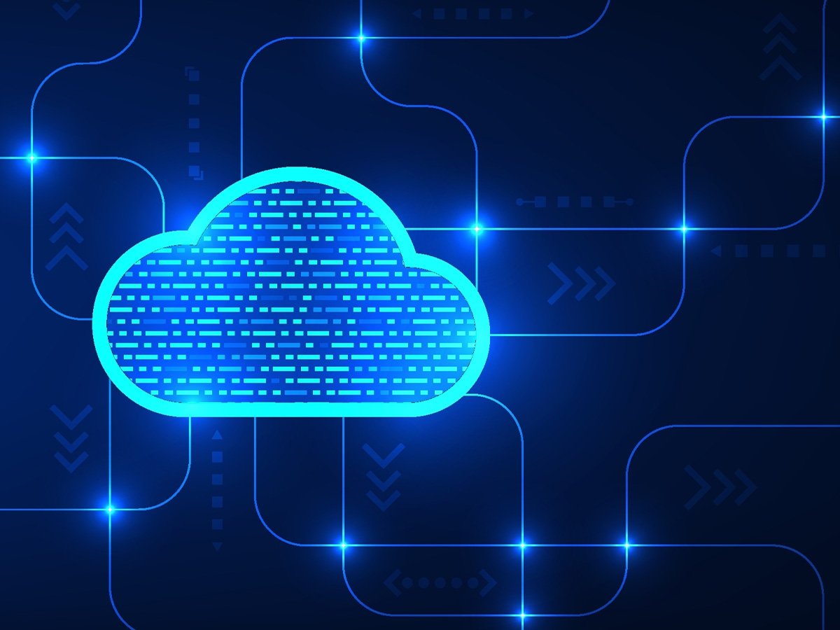 Digital illustration of a glowing blue cloud icon on a dark circuit background.