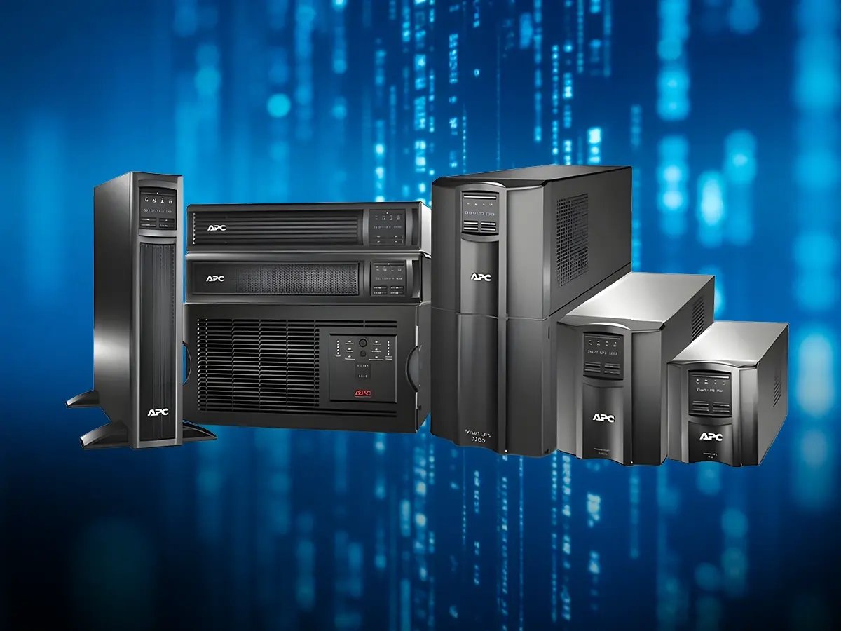 A group of APC uninterruptible power supplies of different sizes displayed against a blue, digital-themed background, conveying technology and reliability.
