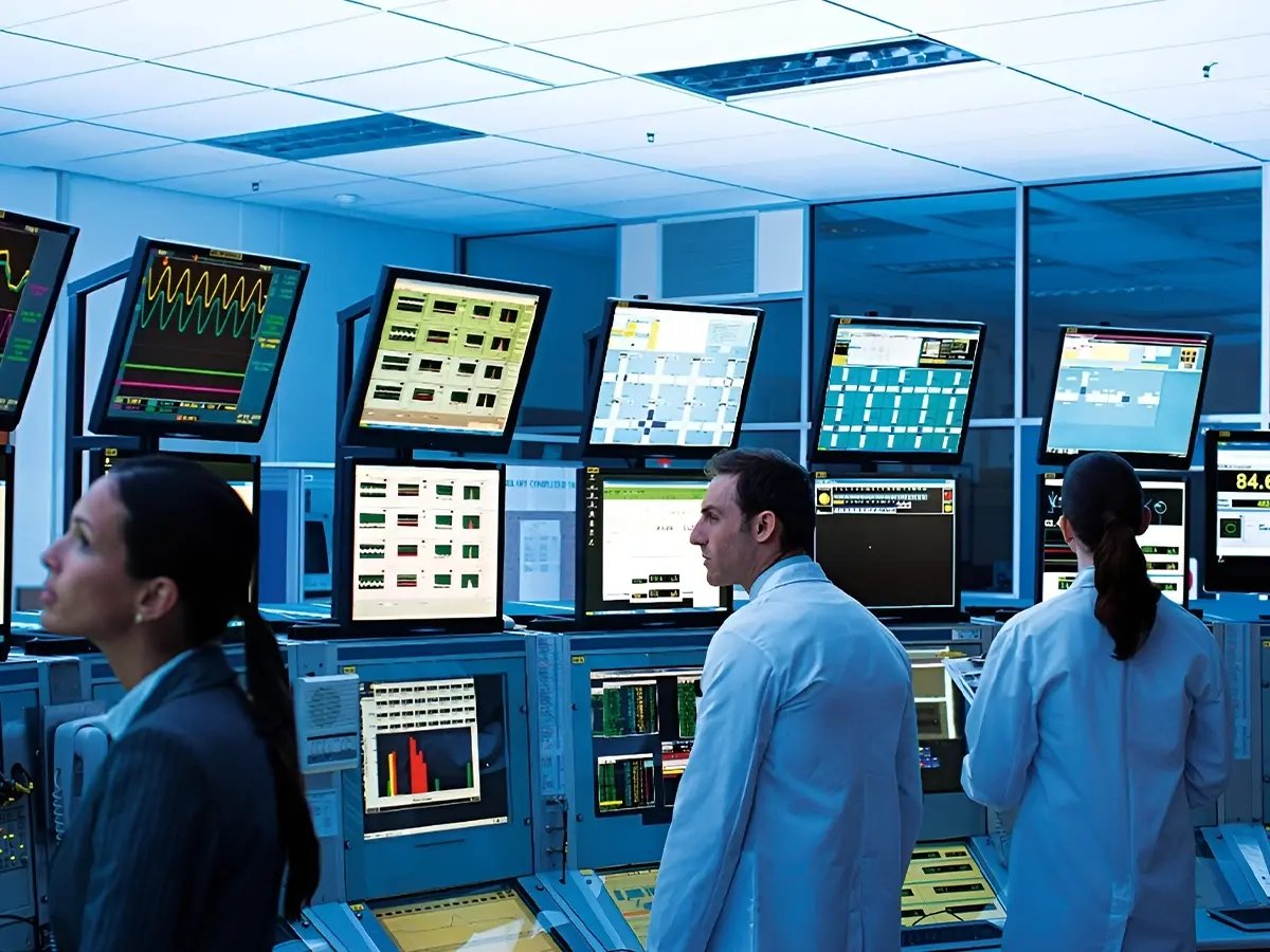 Three people in lab coats are focused on multiple monitors displaying complex data, in a brightly lit control room, conveying focus and collaboration.