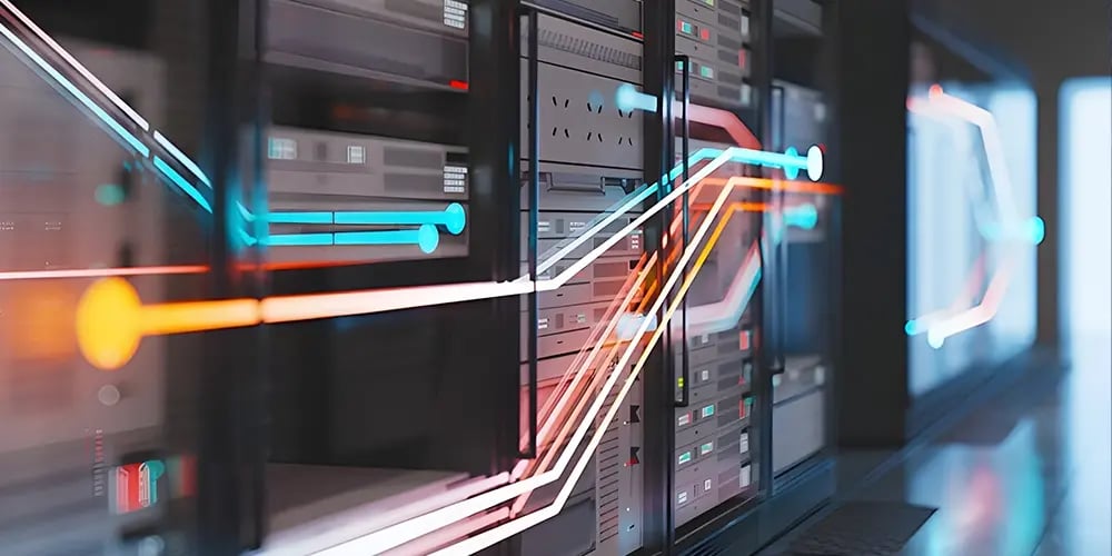 A modern server room with glowing cables in blue and orange snaking across black server racks. The image conveys a high-tech, futuristic atmosphere.