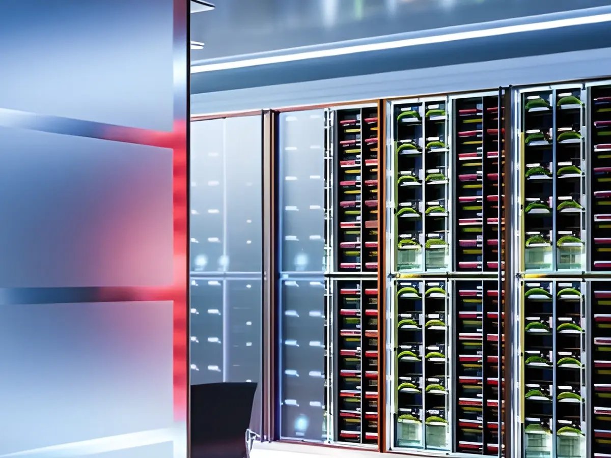Modern wine cellar with sleek glass racks displaying bottles in dim lighting. The space has a futuristic ambiance with soft blue and red hues.