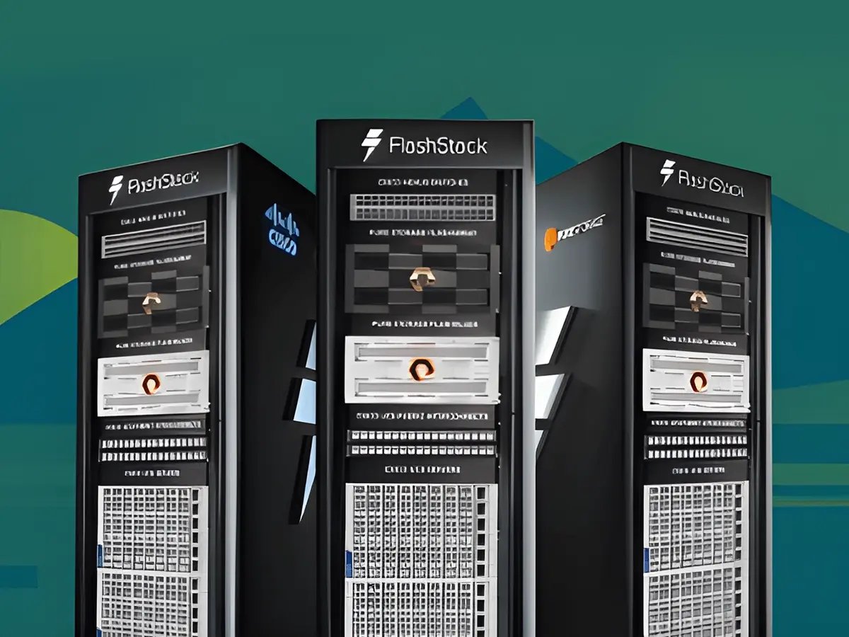 Three sleek black server racks labeled 