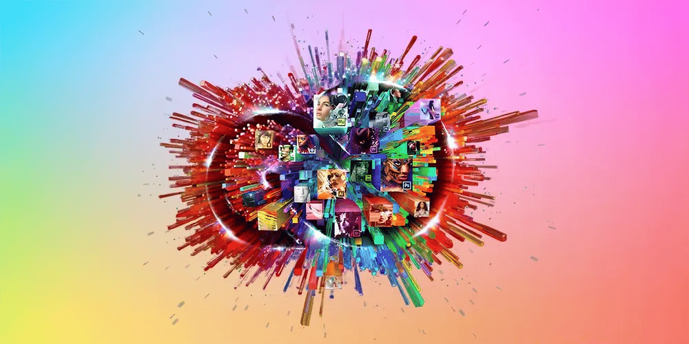 An abstract digital design featuring a central heart shape composed of various colorful images, surrounded by explosive bursts of color and shapes. The background transitions from blue to pink to yellow.