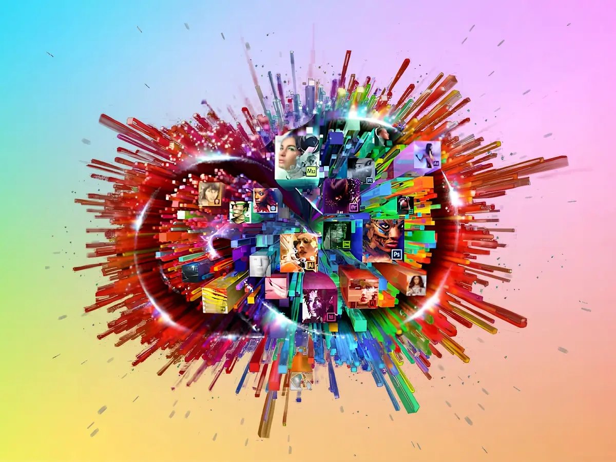 An abstract digital design featuring a central heart shape composed of various colorful images, surrounded by explosive bursts of color and shapes. The background transitions from blue to pink to yellow.