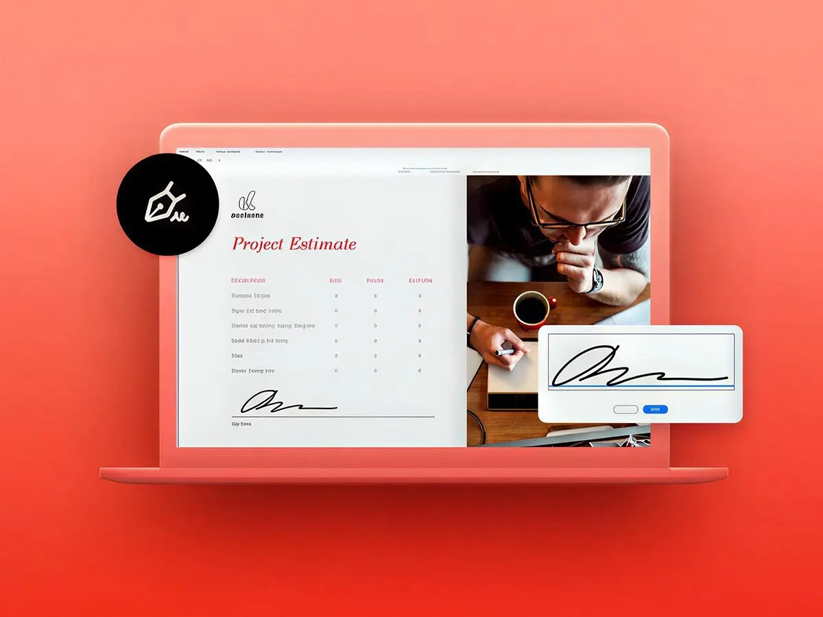 A laptop displaying a project estimate document with a signature, alongside a tablet showing a digital signature, all set against a red background.