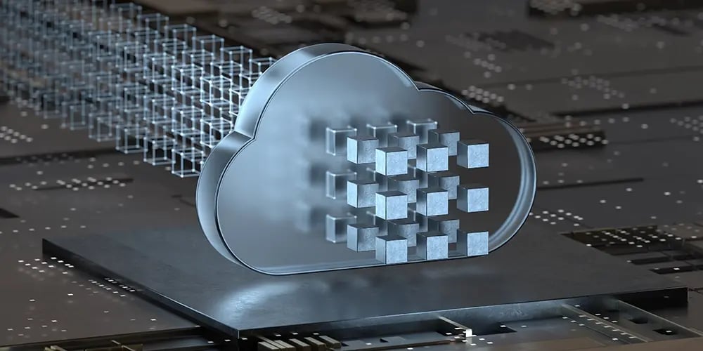 3D illustration of a cloud icon with digital blocks, symbolizing cloud storage and secure data erasure.