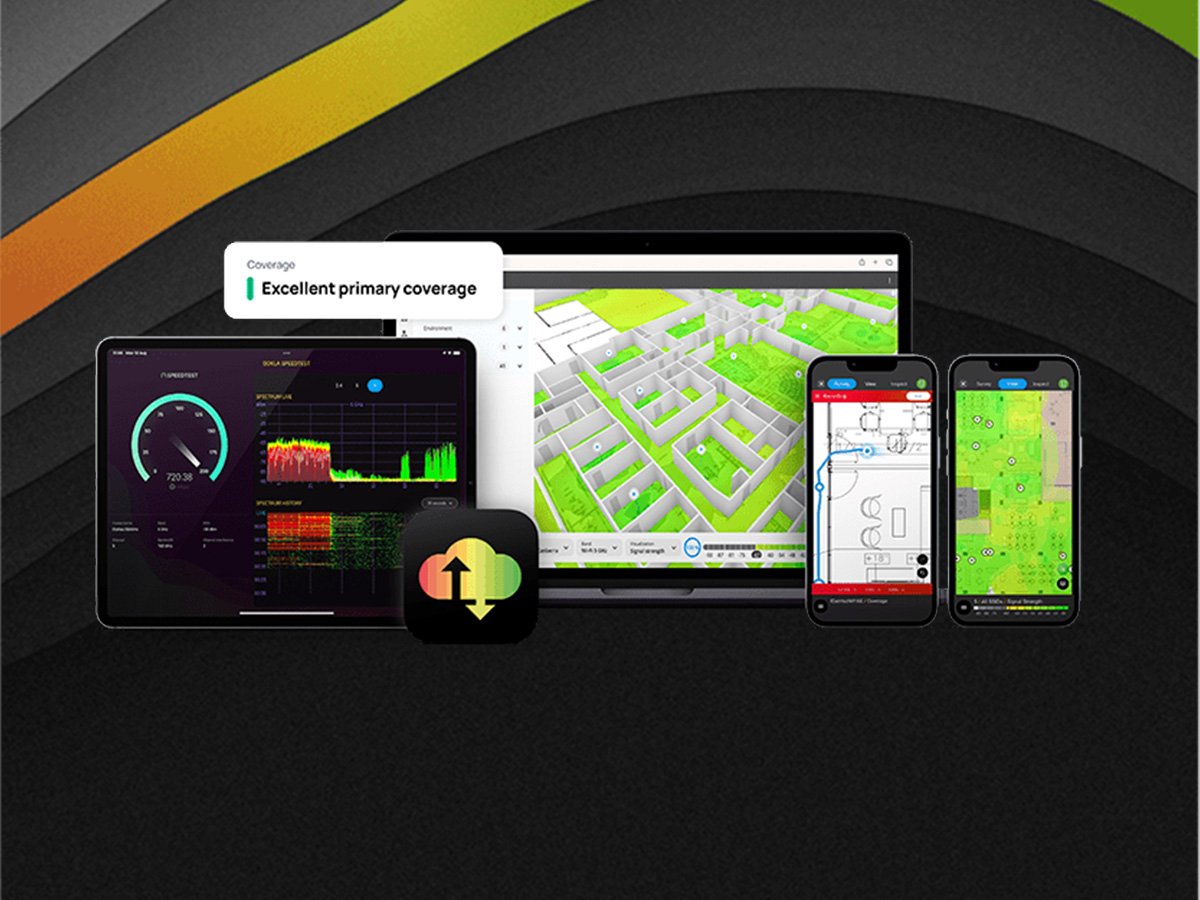 Tablets and phones showing Wi‑Fi analytics, heatmaps, and coverage reports for wireless network design.