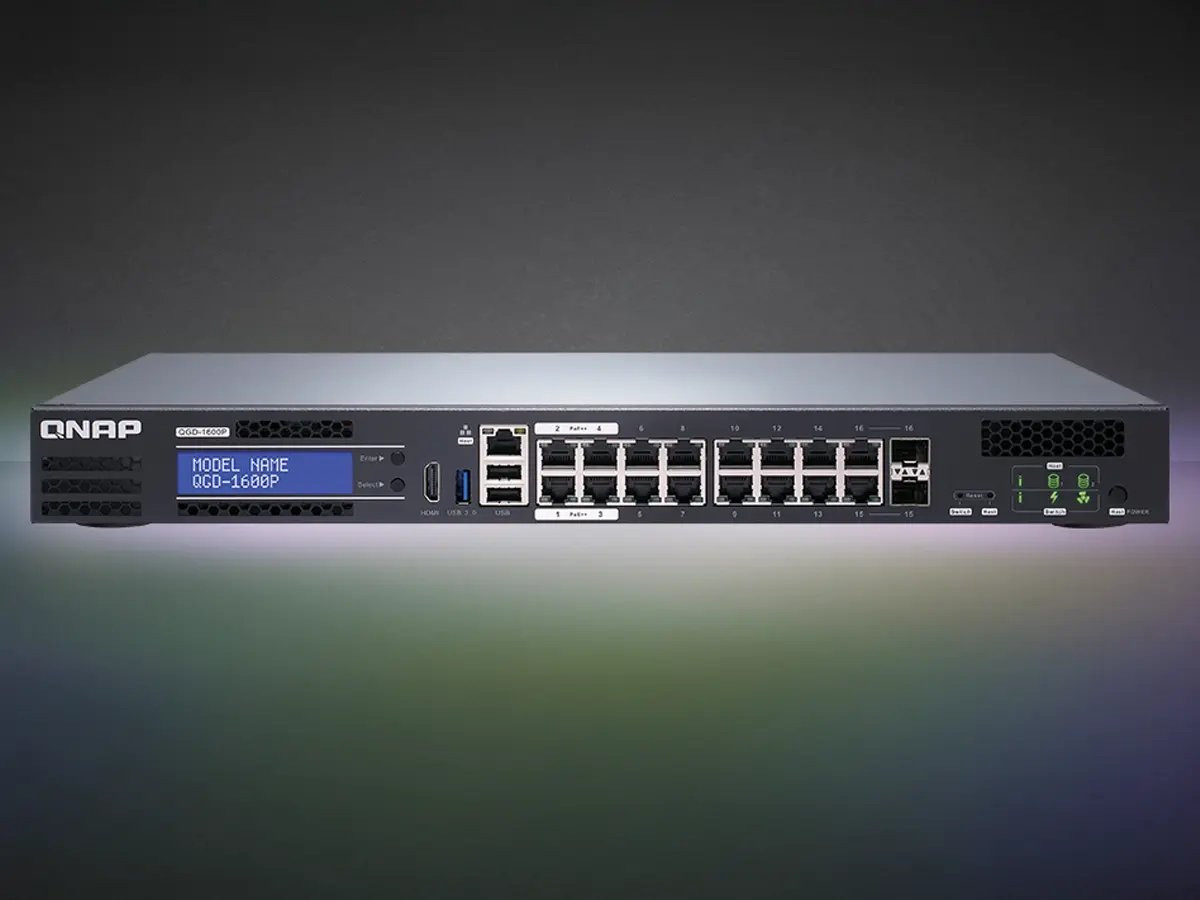Front view of a QNAP network switch with multiple ports, a digital display showing 