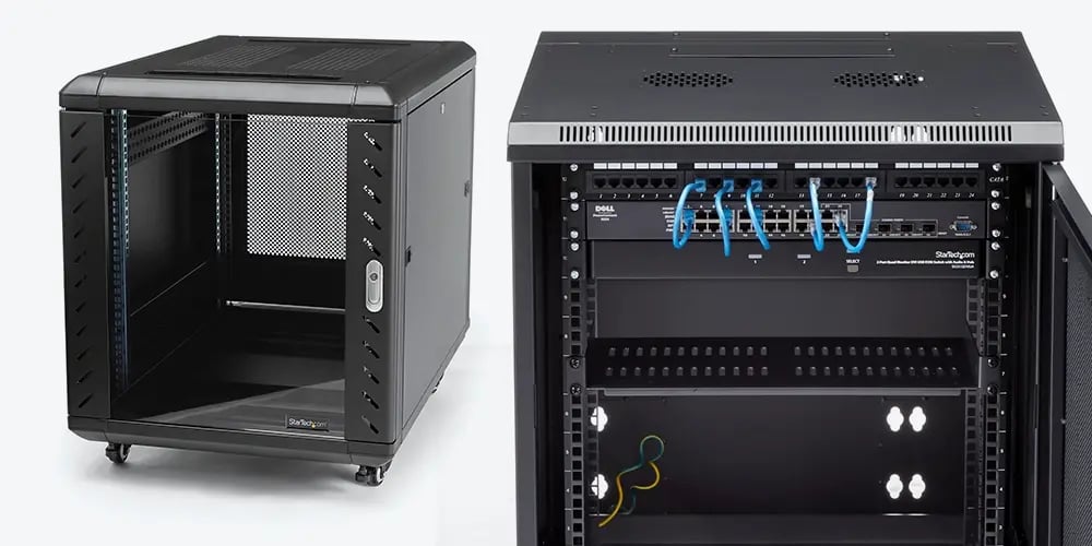 A StarTech wall‑mount rack cabinet shown empty beside a second cabinet containing mounted network equipment and cables.