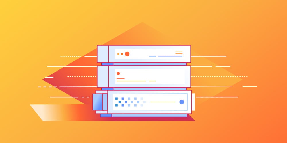 Illustration of stacked server units with speed lines on an orange background.