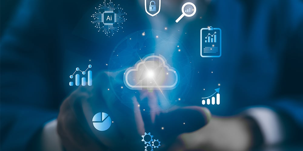 Digital cloud icon surrounded by symbols for AI, analytics, security, and data management.