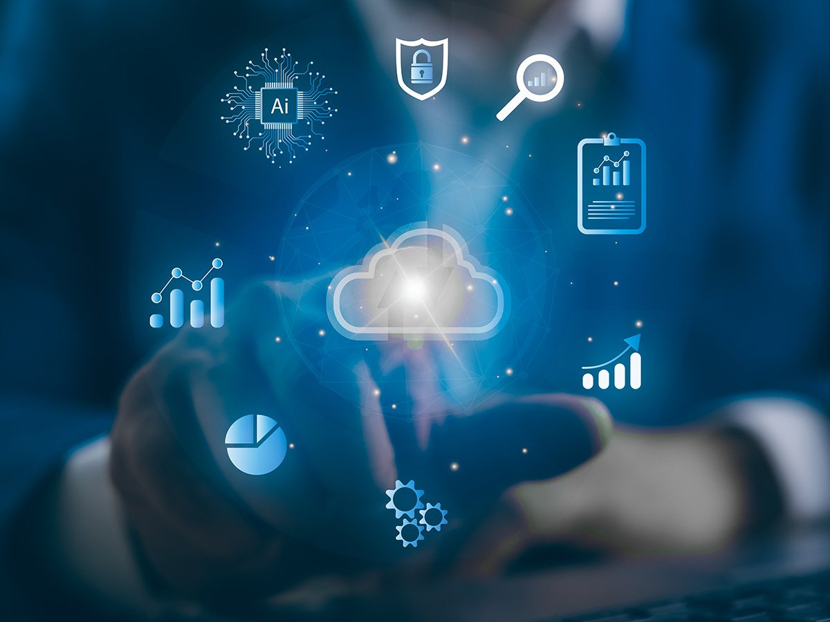 Digital cloud icon surrounded by symbols for AI, analytics, security, and data management.