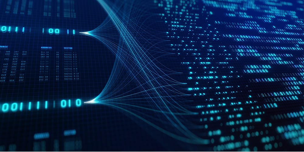 Abstract blue data streams and binary patterns representing digital information flow.