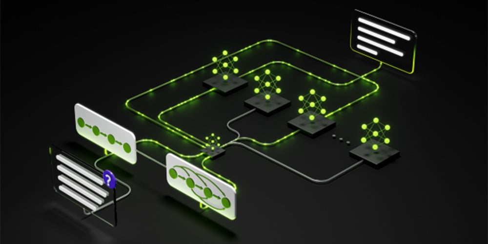 Diagram showing a glowing green network flow between AI model nodes.