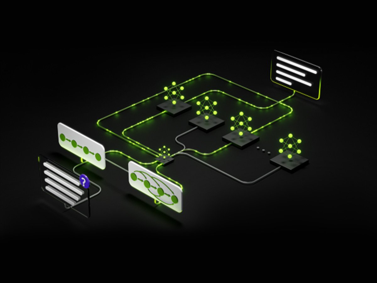 Diagram showing a glowing green network flow between AI model nodes.