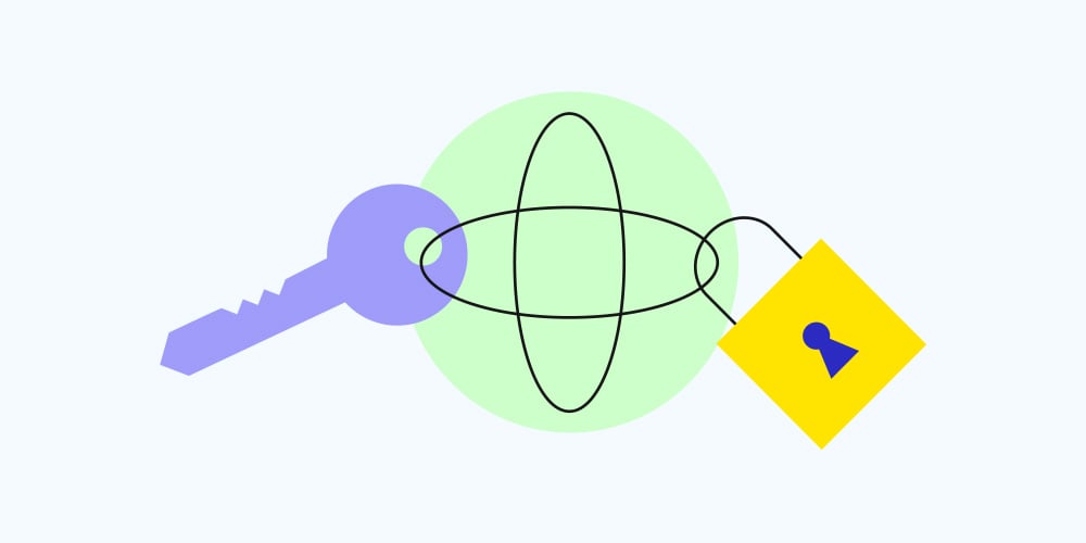 Illustration of a blue key, green globe, and yellow padlock connected by black lines, symbolizing security and global connectivity. Minimalist design.