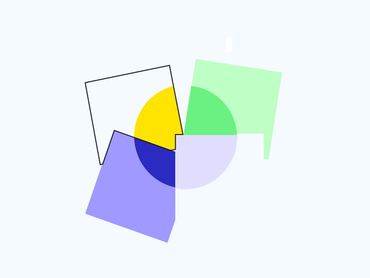 Abstract geometric art with overlapping shapes: a white square, green square, yellow semicircle, purple semicircle, and blue triangle. Minimalist and colorful.