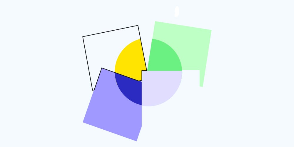 Abstract geometric design with overlapping shapes: a white rectangle with yellow, a green rectangle, a purple rectangle, and a semi-circle. Playful tone.