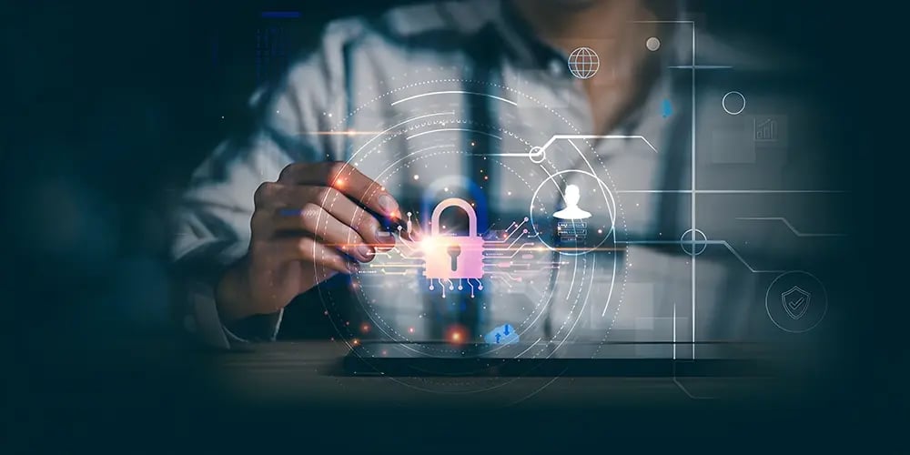 A person in a collared shirt interacting with a digital interface displaying a padlock symbol, representing cybersecurity and data protection. Background includes abstract technological icons and graphics.