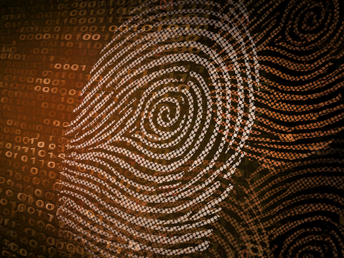 Abstract image of white fingerprints overlaid on a dark background filled with amber binary code, conveying themes of technology and identity.