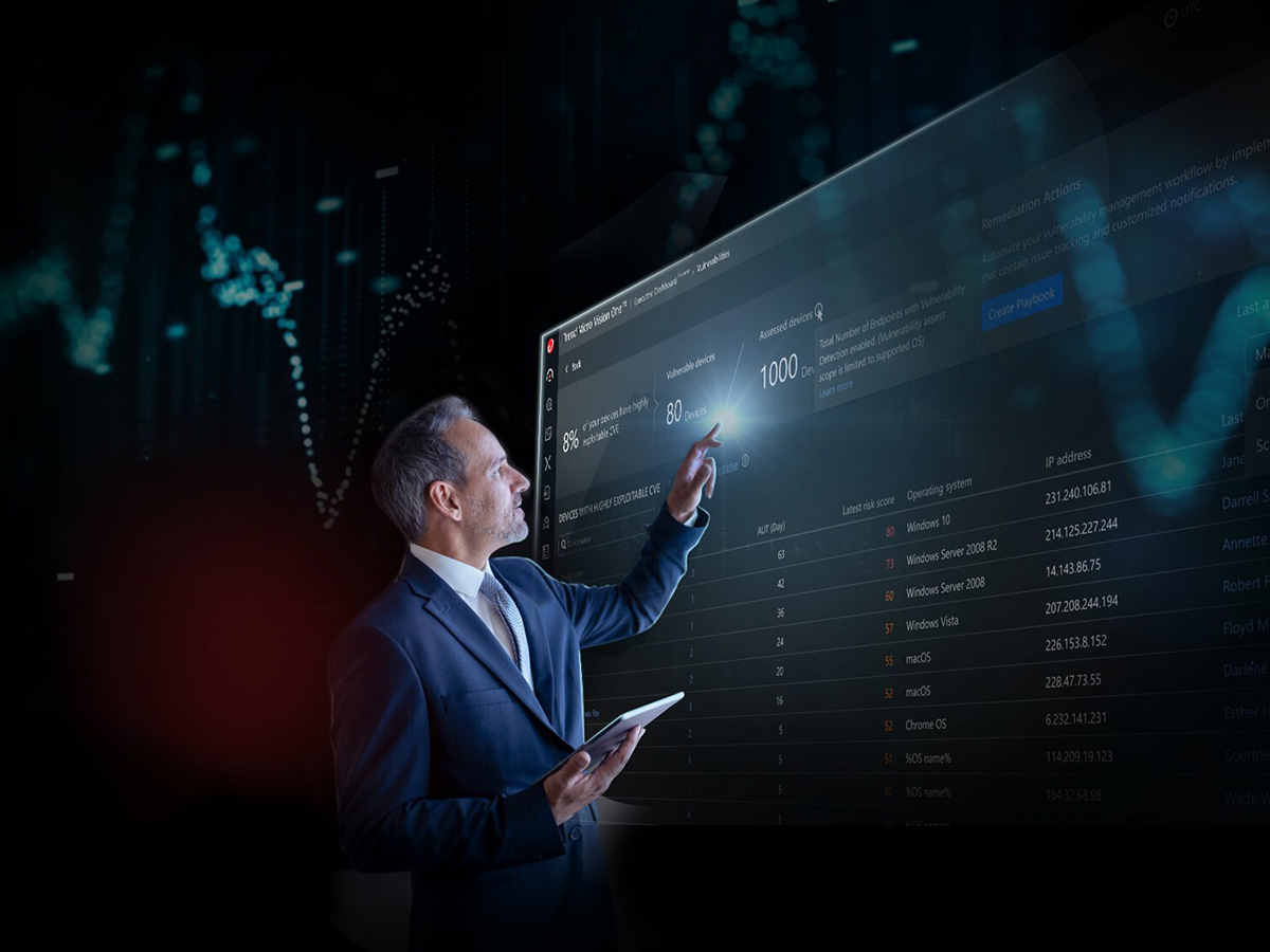 A man in a suit interacts with a large digital screen showing data and statistics. He appears focused, creating a high-tech, analytical atmosphere.