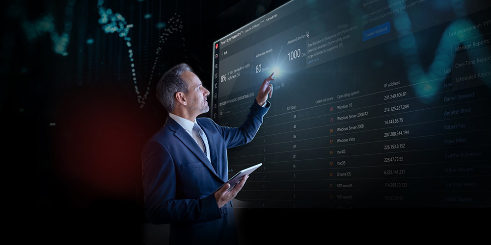 A man in a suit interacts with a large digital screen showing data and statistics. He appears focused, creating a high-tech, analytical atmosphere.