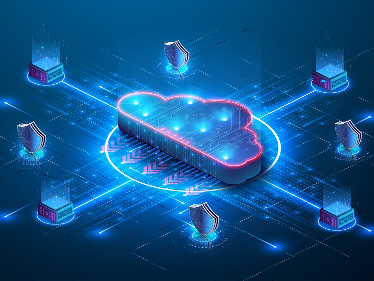 Digital illustration of a glowing cloud icon connected to servers and shield icons, representing cloud computing and cybersecurity.