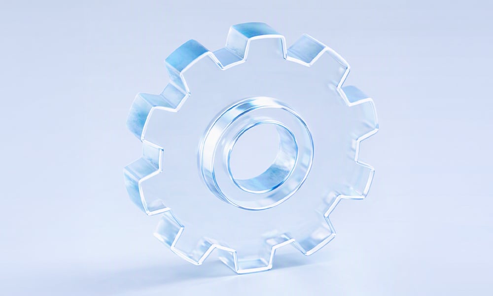Transparent gear icon on a light blue background.