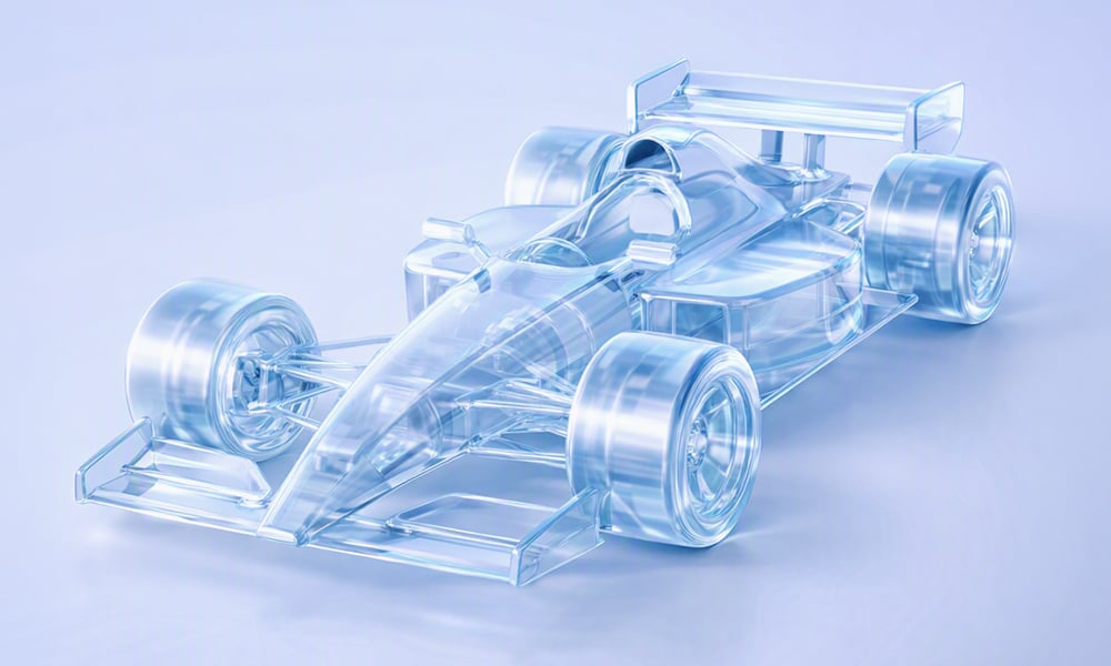 Transparent race car model on a light blue background.