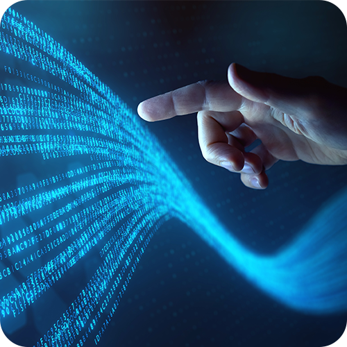 A hand interacting with data moving